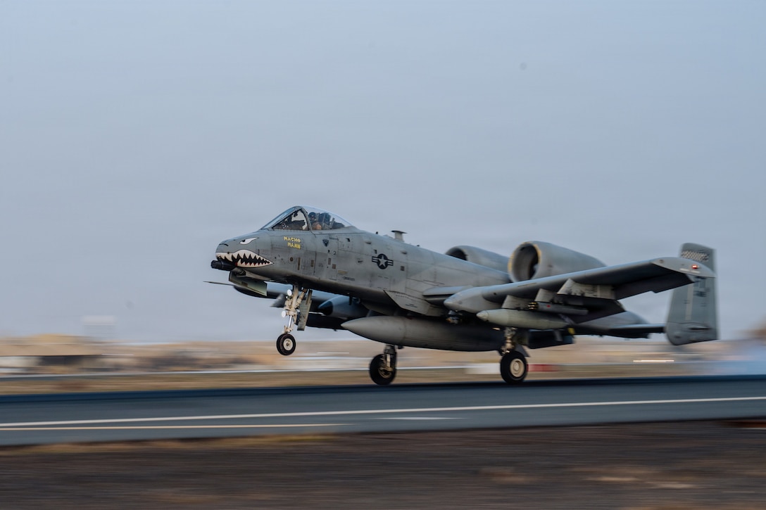 A U.S. Air Force A-10C Thunderbolt II aircraft assigned to the 75th Expeditionary Fighter Squadron lands at a base in the U.S. Central Command area of responsibility, Jan. 29, 2026. (U.S. Air Force photo by Staff Sgt. Tylin Rust)
