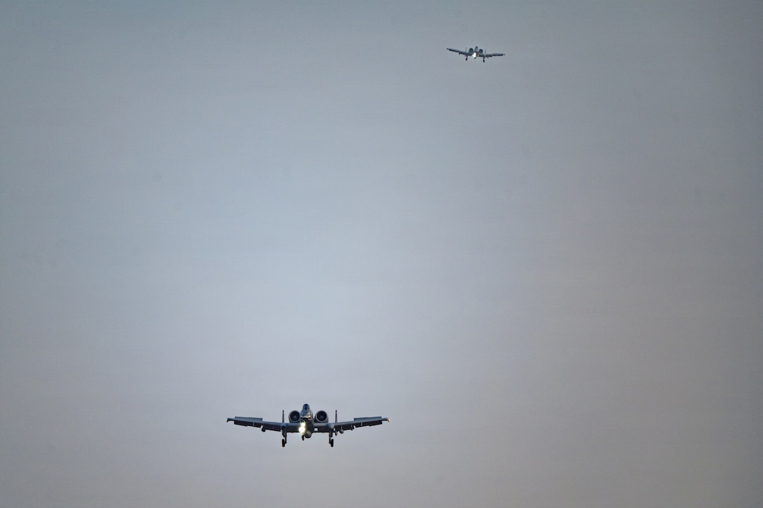 U.S. Air Force A-10C Thunderbolt II aircraft assigned to the 75th Expeditionary Fighter Squadron approach a base in the U.S. Central Command area of responsibility, Jan. 29, 2026. (U.S. Air Force photo by Staff Sgt. Tylin Rust)