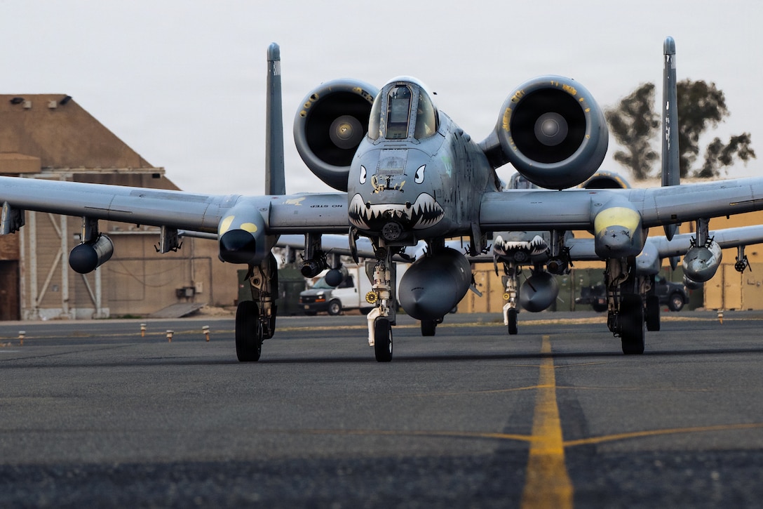 A U.S. Air Force A-10C Thunderbolt II aircraft assigned to the 75th Expeditionary Fighter Squadron parks at a base in the U.S. Central Command area of responsibility, Jan. 29, 2026. (U.S. Air Force photo by Staff Sgt. Tylin Rust)