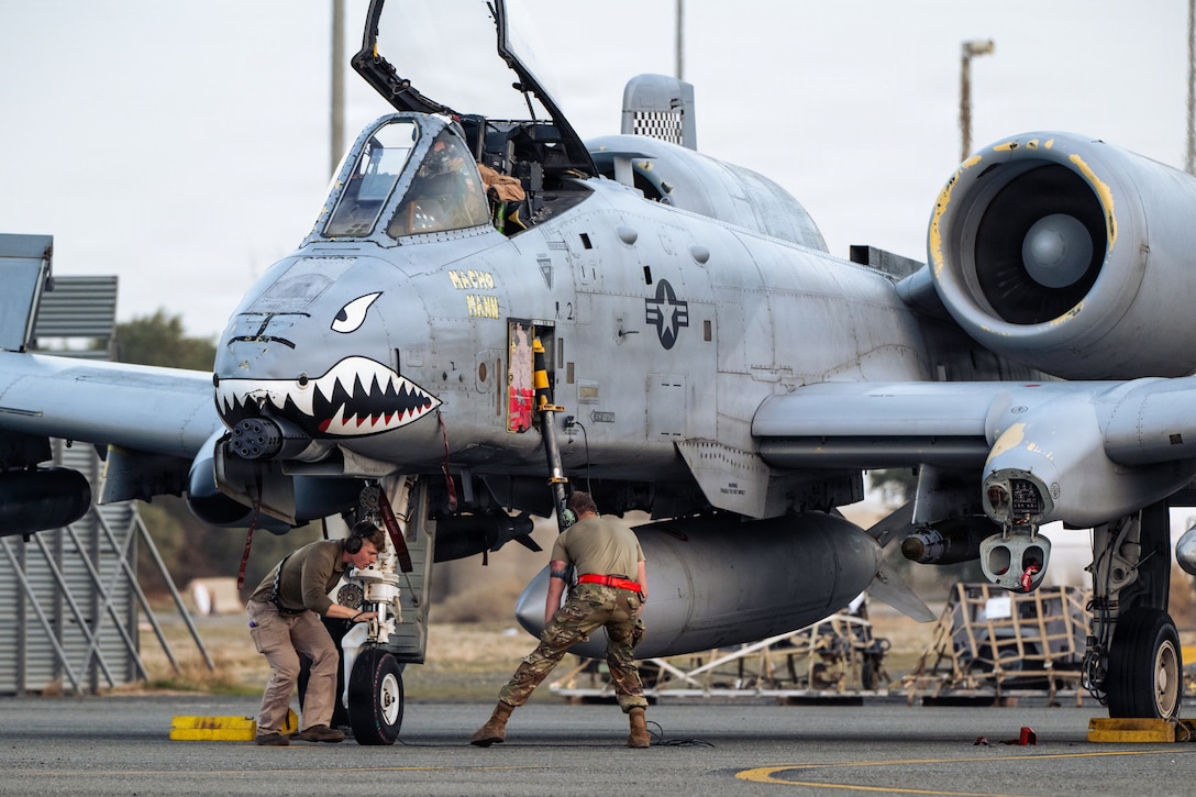U.S. Air Force 75th Expeditionary Fighter Generation Squadron crew chiefs perform a post-flight inspection on an A-10C Thunderbolt II aircraft at a base in the U.S. Central Command area of responsibility, Jan. 29, 2026. (U.S. Air Force photo by Staff Sgt. Tylin Rust)