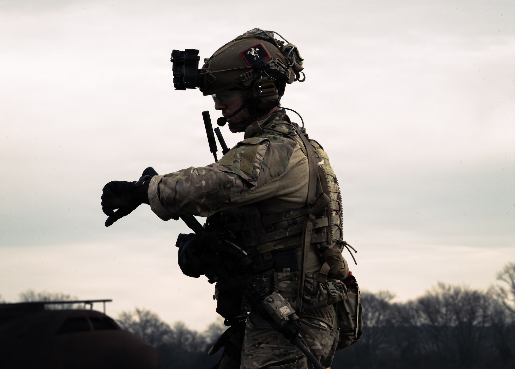 U.S. Air Force Staff Sgt. Christian Dahncke, 4th Civil Engineer Squadron, explosive ordnance disposal technician, participates in a Field Training Exercise at Seymour Johnson Air Force Base, North Carolina, Jan. 21, 2026. The exercise assessed EOD’s ability to rapidly respond to crisis scenarios and evaluated unit proficiency in executing mission-essential tasks while strengthening resilience and adaptability. (U.S. Air Force photo by Airman First Class Holly Leonard)