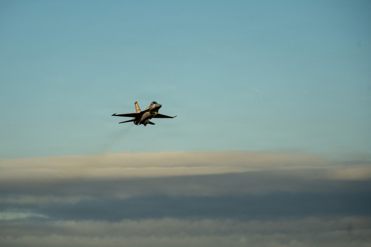 A U.S. Air Force F-16 Fighting Falcon aircraft assigned to the 175th Fighter Squadron, South Dakota Air National Guard, takes off from the Savannah Combat Readiness Training Center, or CRTC, during exercise Sentry South 26.1 at the Savannah Air National Guard Base, Georgia, Jan. 23, 2026.