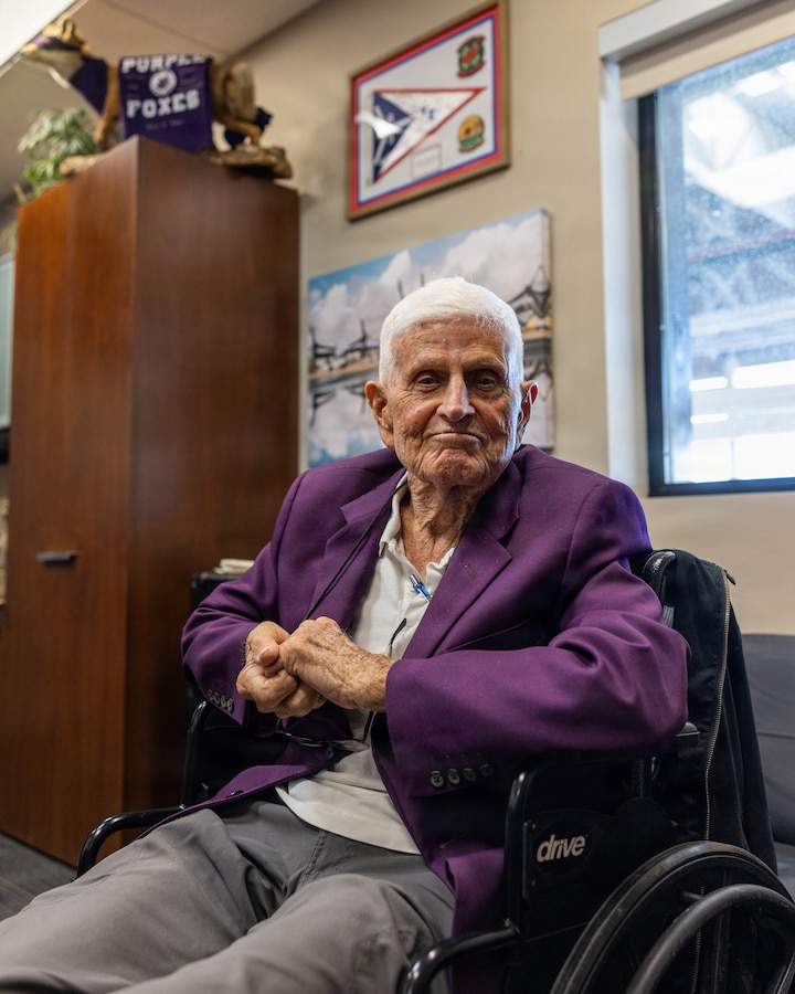 U.S. Marine Corps veteran, Capt. Nelson J. Baker, poses for a photo at Marine Corps Air Station Camp Pendleton, California, Jan. 30, 2026. Baker is a plank holder of VMM-364 and served as one of the squadron’s first pilots when it was commissioned as Marine Medium Helicopter Squadron (HMM) 364 in 1961. He visited to share the squadron’s legacy with the current generation of Marines who work with and fly the MV-22B Osprey. (U.S. Marine Corps photo by Lance Cpl. Jonathan Sherchand)