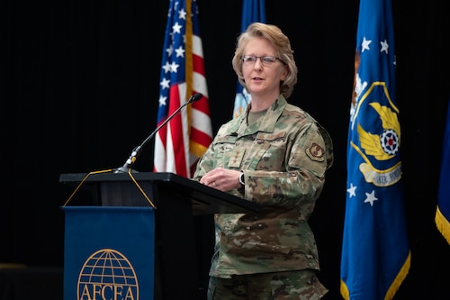 Lt. Gen. Donna D. Shipton, commander, Air Force Life Cycle Management Center, delivers a “State of the Center” address in Burlington, Mass., Feb. 5.