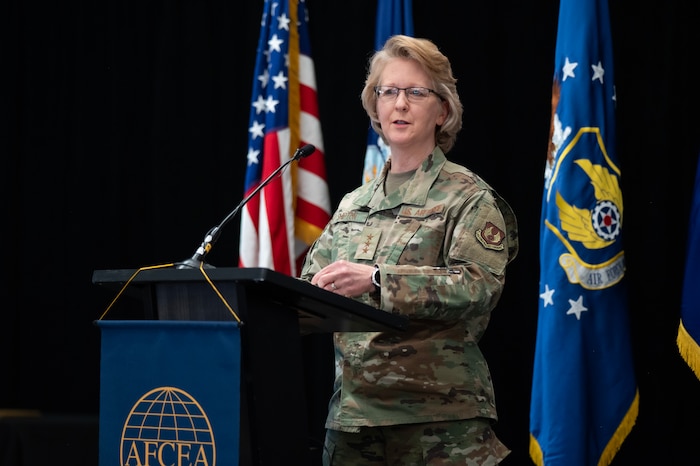 Lt. Gen. Donna D. Shipton, commander, Air Force Life Cycle Management Center, delivers a “State of the Center” address in Burlington, Mass., Feb. 5.