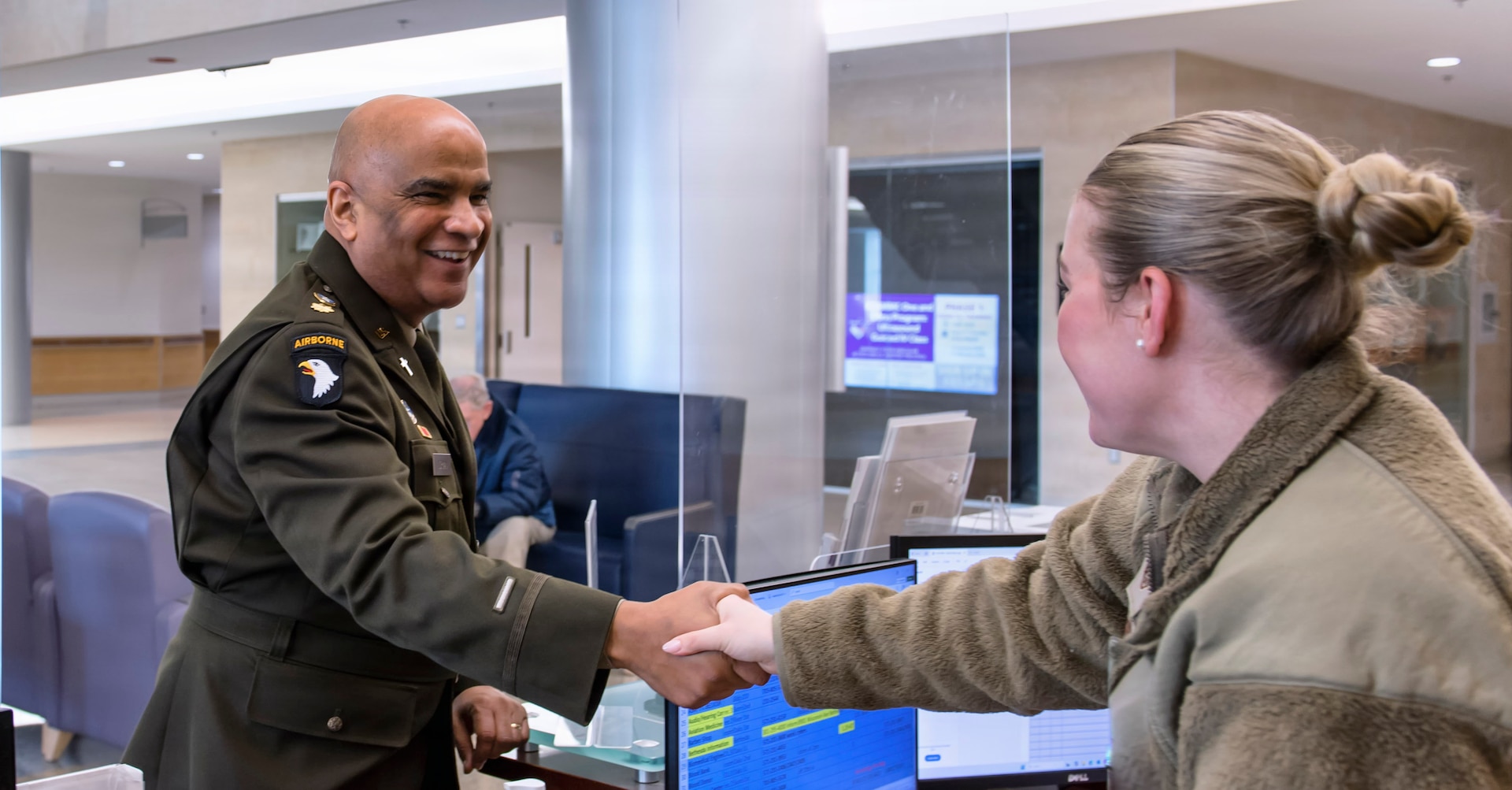 FORT BELVOIR, Va. (February 8, 2026)--Chaplain (Maj.) Scott Norman greets a staff member while making rounds at the A.T. Augusta Military Medical Center (ATAMMC) February 6, 2026.