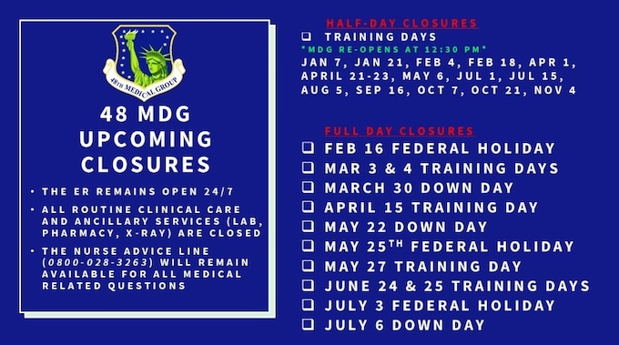 View our upcoming closures. All routine clinical care and ancillary services (lab, pharmacy, x-ray) are closed. The Nurse Advice Line will remain open for all medical related questions. 0800-028-3263