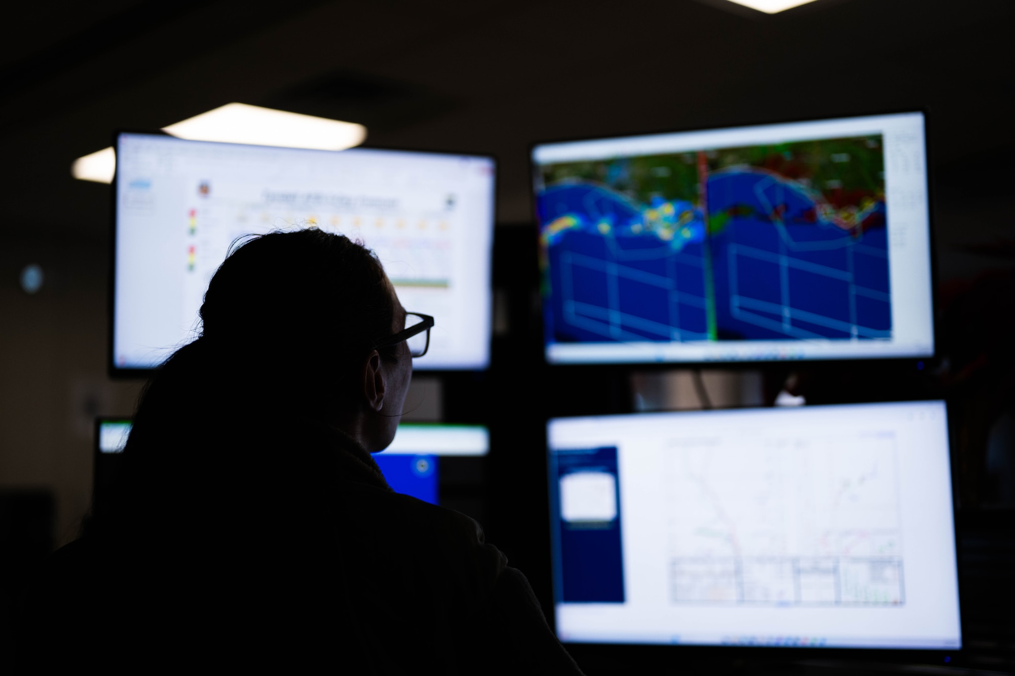 An Airman views weather data at Tyndall Air Force Base to determine atmospheric conditions.