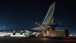 Airmen load cargo into an aircraft at night.