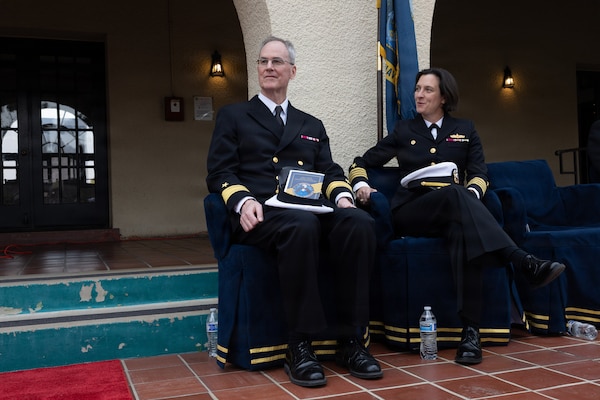 U.S. Navy Rear Adm. John Robinson III, Navy Chief of Information, and Capt. Sarah Self-Kyler, the commanding officer of Navy Public Affairs Command, attend the establishment of command ceremony for Fleet Public Affairs Center San Diego, Jan. 21, 2026. Fleet Public Affairs Center San Diego provides operational public affairs support to current and emerging public affairs and visual information engagements.  (U.S. Navy Photo by Mass Communication Specialist 1st Class Charles J. Scudella III)