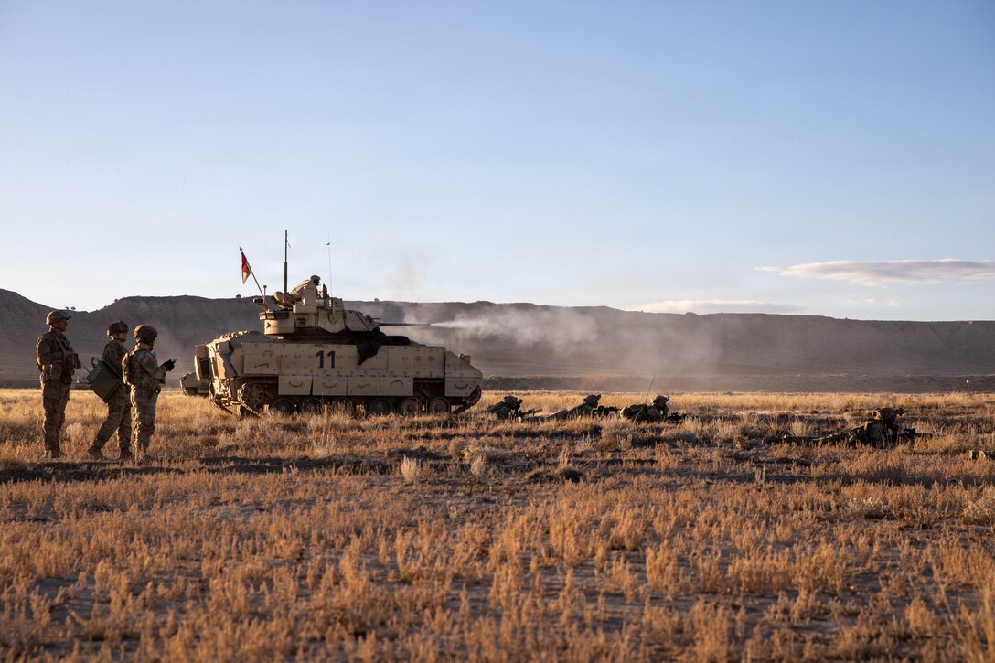 Soldiers assigned to 10th Cavalry Regiment, 3rd Armored Brigade Combat Team, 4th Infantry Division conduct a live-fire exercise in support of an M2A3 Bradley Fighting Vehicle during Ivy Sting 4 on Fort Carson, Colorado, Jan. 30, 2026.