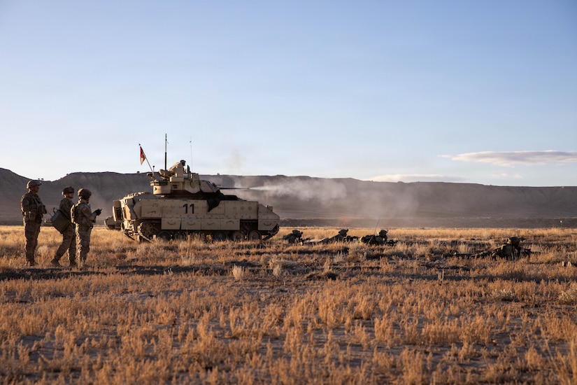 Soldiers assigned to 10th Cavalry Regiment, 3rd Armored Brigade Combat Team, 4th Infantry Division conduct a live-fire exercise in support of an M2A3 Bradley Fighting Vehicle during Ivy Sting 4 on Fort Carson, Colorado, Jan. 30, 2026.