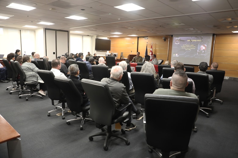 Col. Andrew J. Baker, U.S. Army Corps of Engineers Los Angeles District commander and Andrew Goodall, U.S. Army Corps of Engineers Los Angeles District Deputy District Engineer host the Feb. 5 second quarter town hall for the agency.