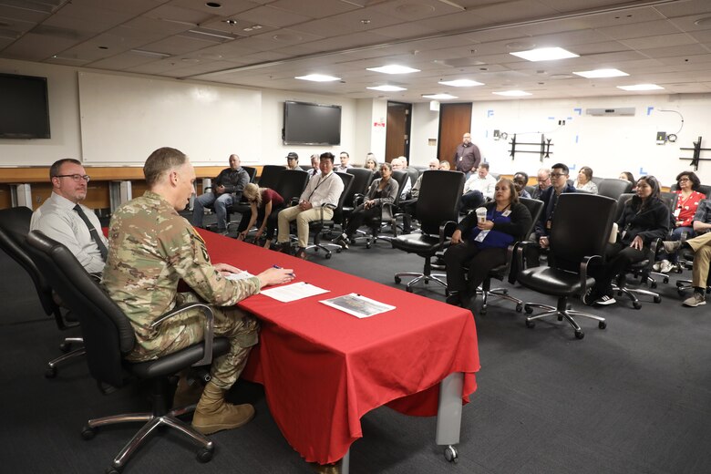 Col. Andrew J. Baker, U.S. Army Corps of Engineers Los Angeles District commander and Andrew Goodall, U.S. Army Corps of Engineers Los Angeles District Deputy District Engineer host the Feb. 5 second quarter town hall for the agency.