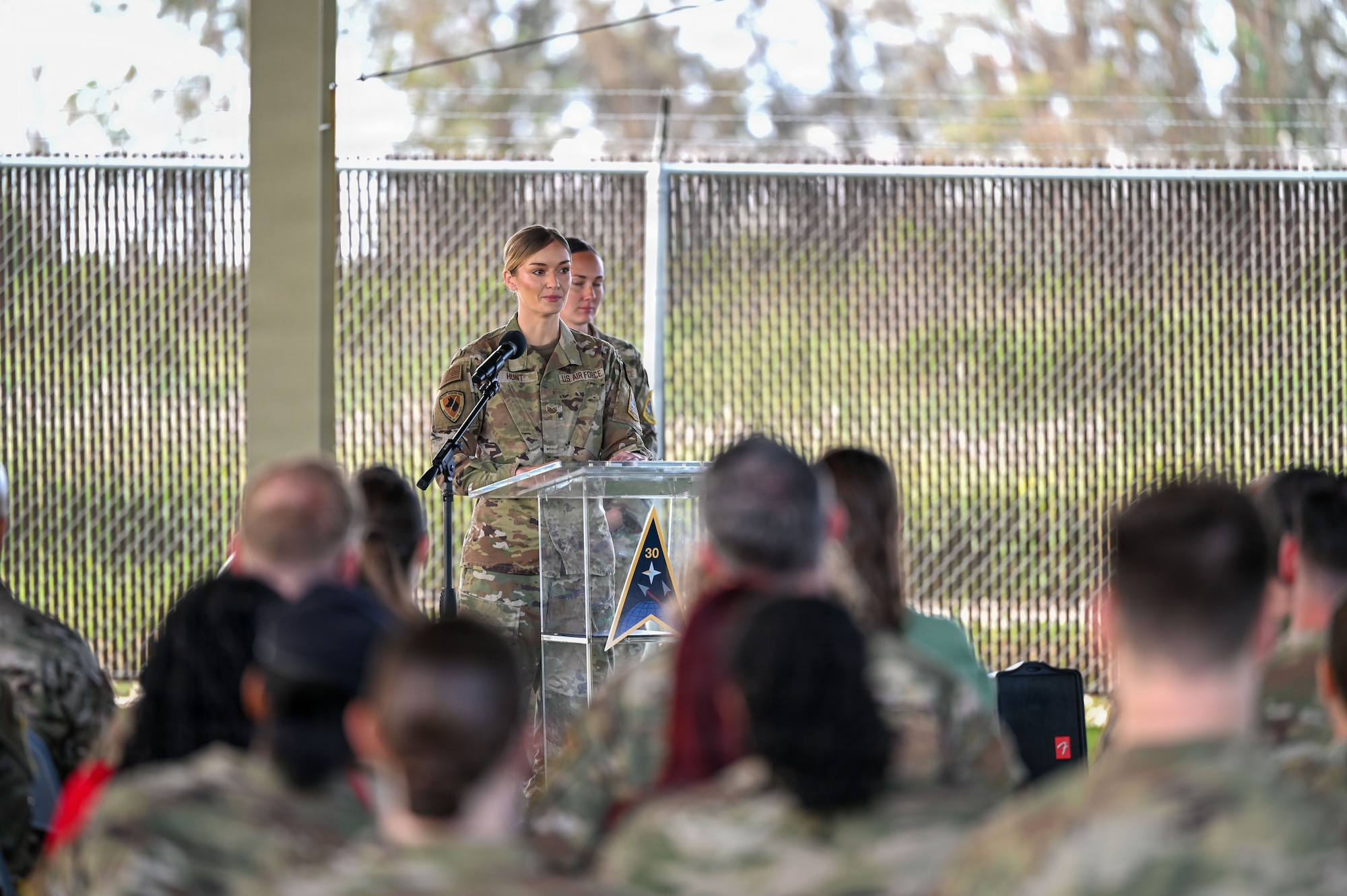people gather outside.