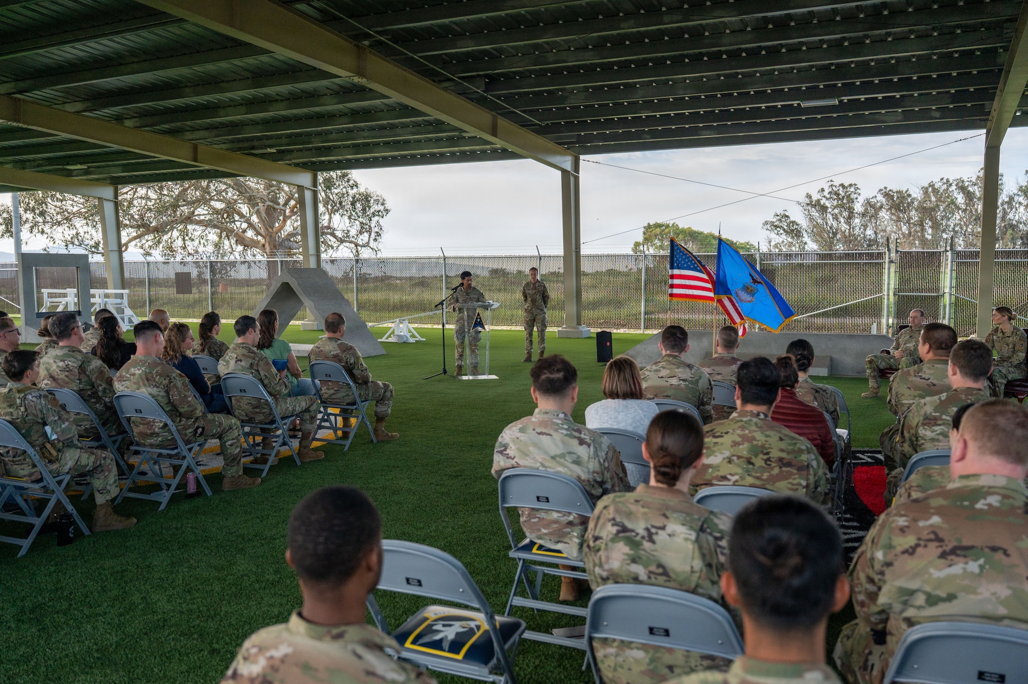 People gather outside.