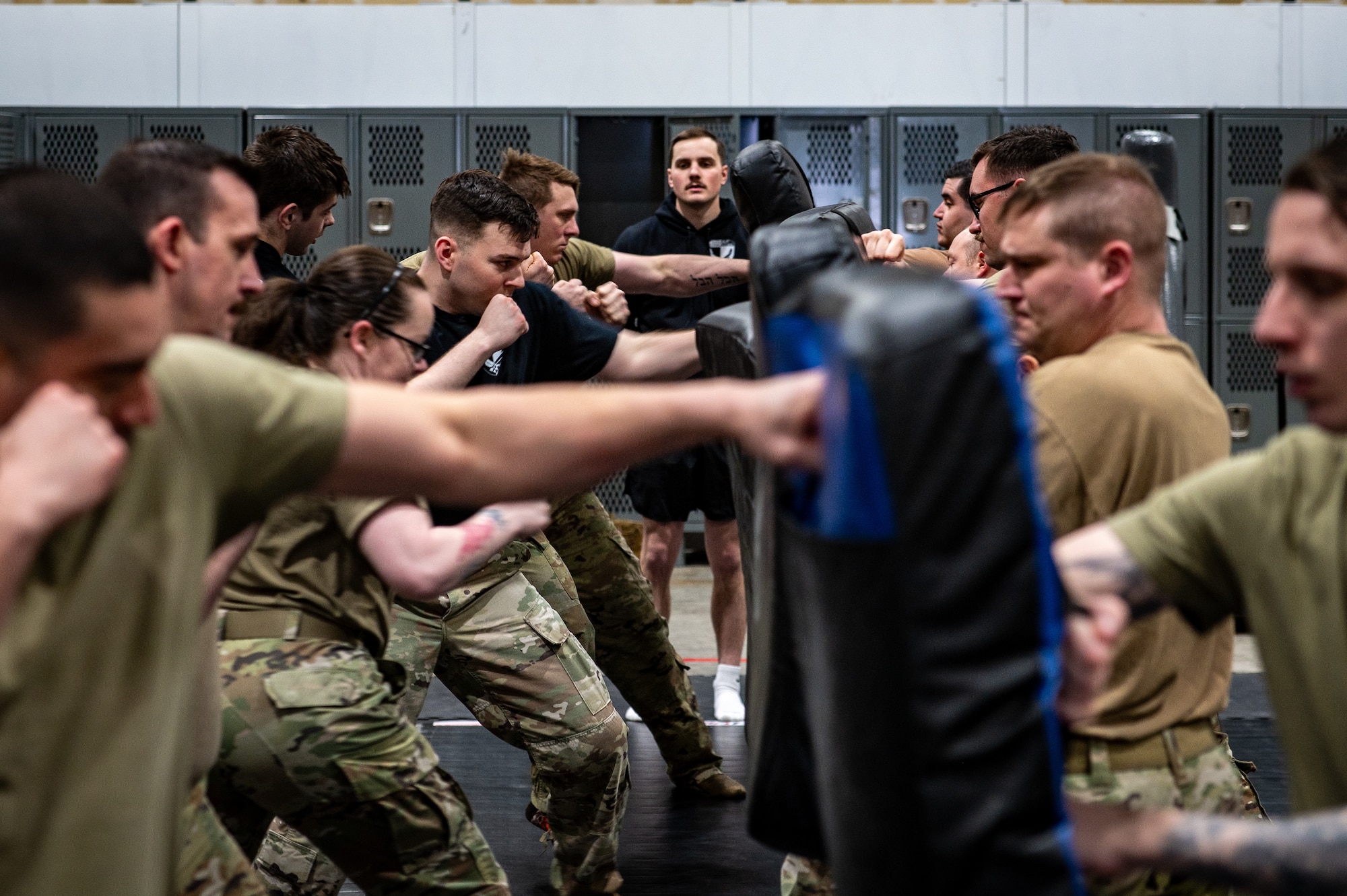 Joint Base Elmendorf-Richardson Airmen practice striking during a combatives class in the Mission Ready Airman training portion of the Professional Development Center’s Noncommissioned Officer Foundation Course 500 at JBER, Alaska, Feb. 6, 2026. The MRA training marks the first in Pacific Air Forces, giving foundation course students hands-on refreshers of core warfighting skills. (U.S. Air Force photo by Senior Airman Hunter Hites)
