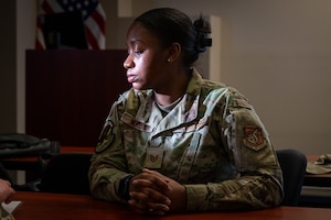 U.S. Air Force Tech. Sgt. Alexis Walker, 611th Civil Engineer Squadron operations manager, watches the instructor use a radio during the land mobile radio training in the Mission Ready Airman training portion of the Professional Development Center’s Noncommissioned Officer Foundation Course 500 at Joint Base Elmendorf-Richardson, Alaska, Feb. 6, 2026. The training reinforces clear, disciplined communication to support command and control during operations. (U.S. Air Force photo by Senior Airman Hunter Hites)