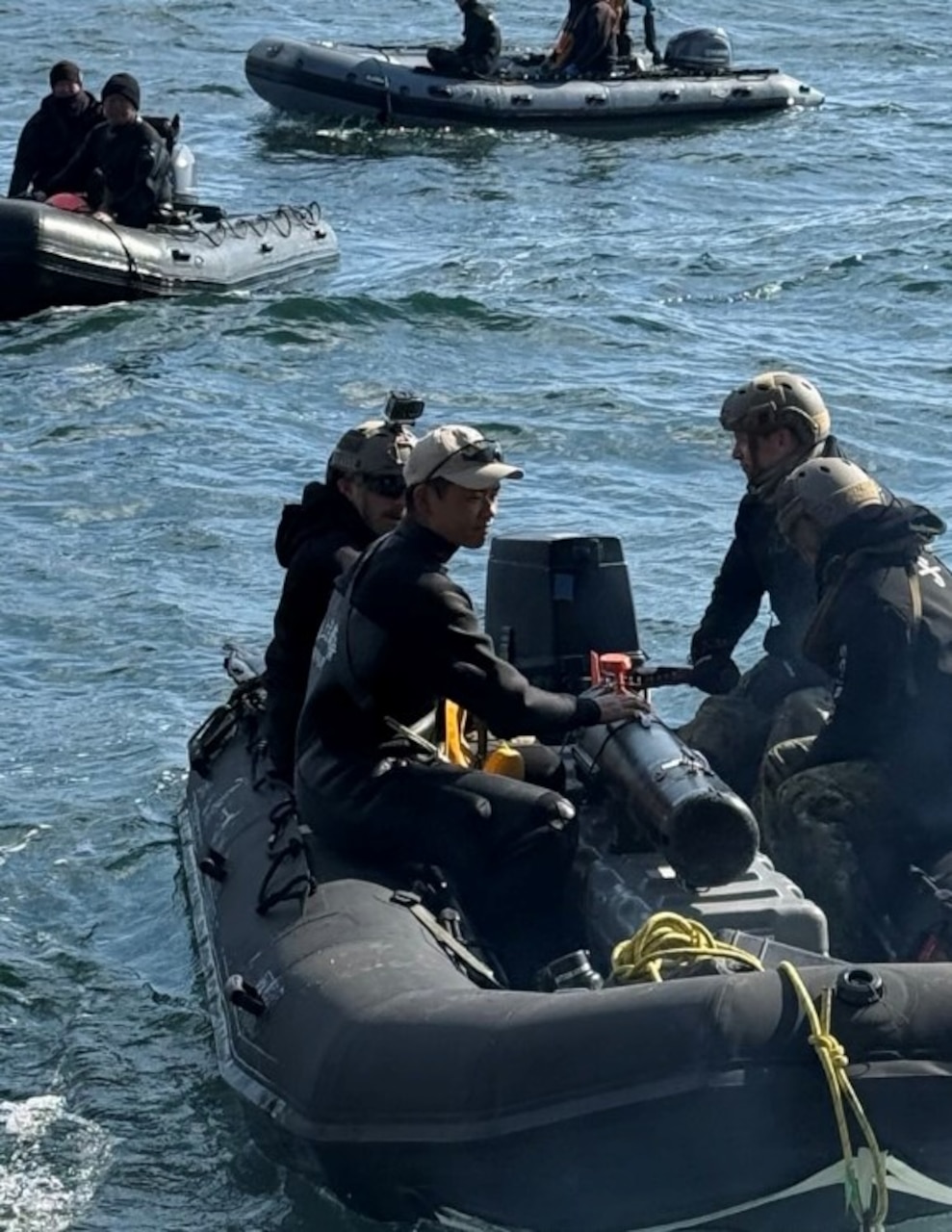 Sailors assigned to Explosive Ordnance Disposal Mobile Unit (EODMU) 5 and Japan Maritime Self-Defense Force (JMSDF) EOD teams launch from the Uraga-class mine countermeasure vessel JS Bungo (MST-464) during unmanned underwater vehicle operations as part of Mine Warfare Exercise (MINEX) 1JA, Feb. 2, 2026. MINEX 1JA is part of a year-long series of bilateral exercise between the U.S. Navy and JMSDF to strengthen interoperability and increase proficiency in mine countermeasure operations. (U.S. Navy photo by Senior Chief Mineman Chris Gonzales Bouton)
