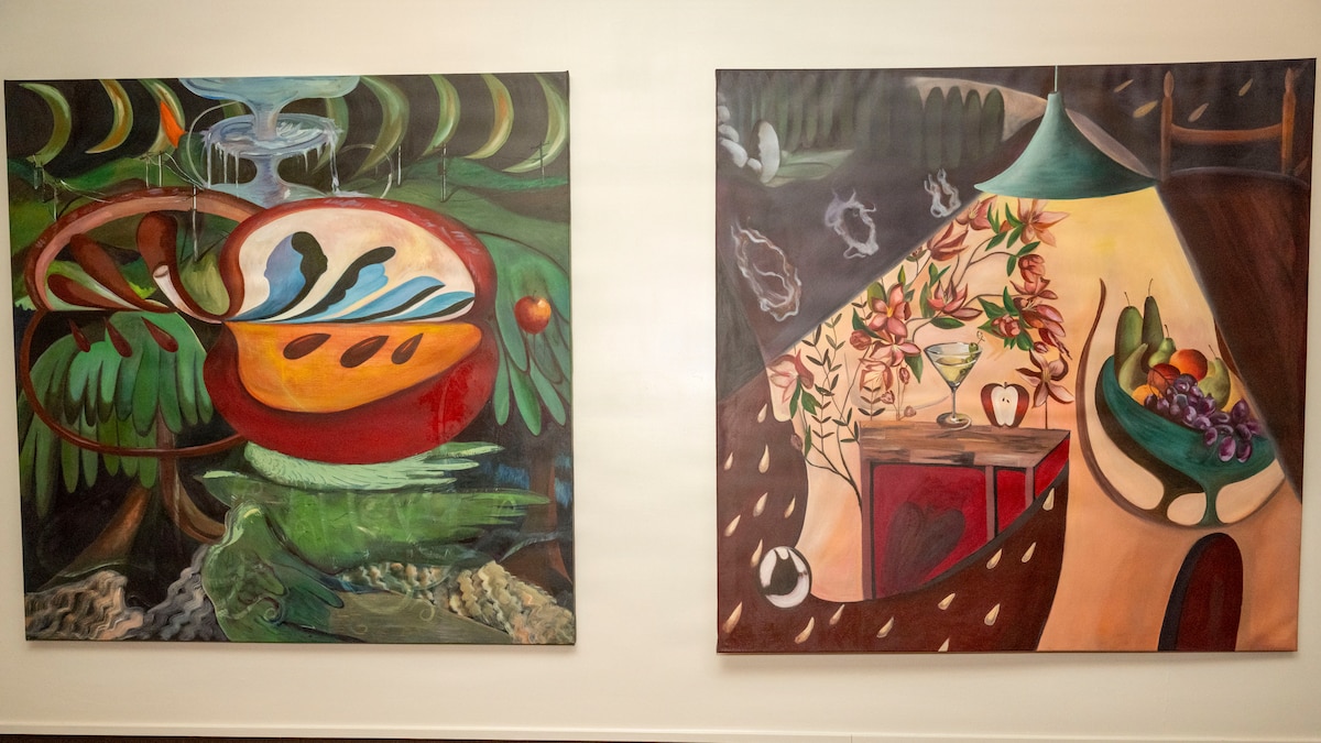 Paintings created by Jingqi Steinhiser hang inside the Misawa club at Misawa Air Base, Japan, Feb. 11, 2026.