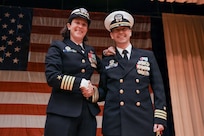 NORFOLK, Va. (Jan. 9, 2026) – Capt. Sarah T. Self-Kyler, commanding officer of Navy Public Affairs Command (NPAC), left, and Cmdr. Jason S. Fischer, commanding officer of Fleet Public Affairs Center (FLTPACEN) Norfolk, pose for a photo during an establishment ceremony at Naval Station Norfolk, Jan. 9, 2026. The establishment ceremony coincided with the inauguration of Navy Public Affairs Command, formerly Navy Public Affairs Support Element, and is part of a Navy-wide public affairs transformation designed to better align communication efforts with the fleet and to create a more agile and efficient communication force. (U.S. Navy photo by Mass Communication Specialist 2nd Class Troy Davis)