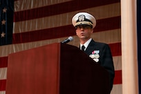 NORFOLK, Va. (Jan. 9, 2026) – Cmdr. Jason S. Fischer delivers remarks after assuming command of Fleet Public Affairs Center (FLTPACEN) Norfolk during an establishment ceremony at Naval Station Norfolk, Jan. 9, 2026. The establishment ceremony coincided with the inauguration of Navy Public Affairs Command, formerly Navy Public Affairs Support Element, and is part of a Navy-wide public affairs transformation designed to better align communication efforts with the fleet and to create a more agile and efficient communication force. (U.S. Navy photo by Mass Communication Specialist 2nd Class Troy Davis)