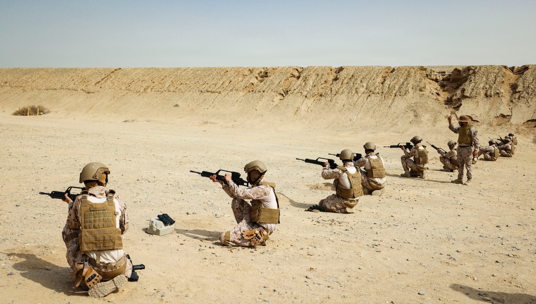 Saudi marines with the Royal Saudi Naval Forces conduct a live-fire range during exercise Indigo Defender 26 at King Faisal Naval Base, Saudi Arabia, Feb. 1, 2026. Indigo Defender 26 is a capstone bilateral maritime exercise between Royal Saudi Naval Forces and U.S. Naval Forces Central Command to enhance interoperability and strengthen our capacity to maintain regional maritime security and stability.  (U.S. Marine Corps photo by Sgt. Angela Wilcox)