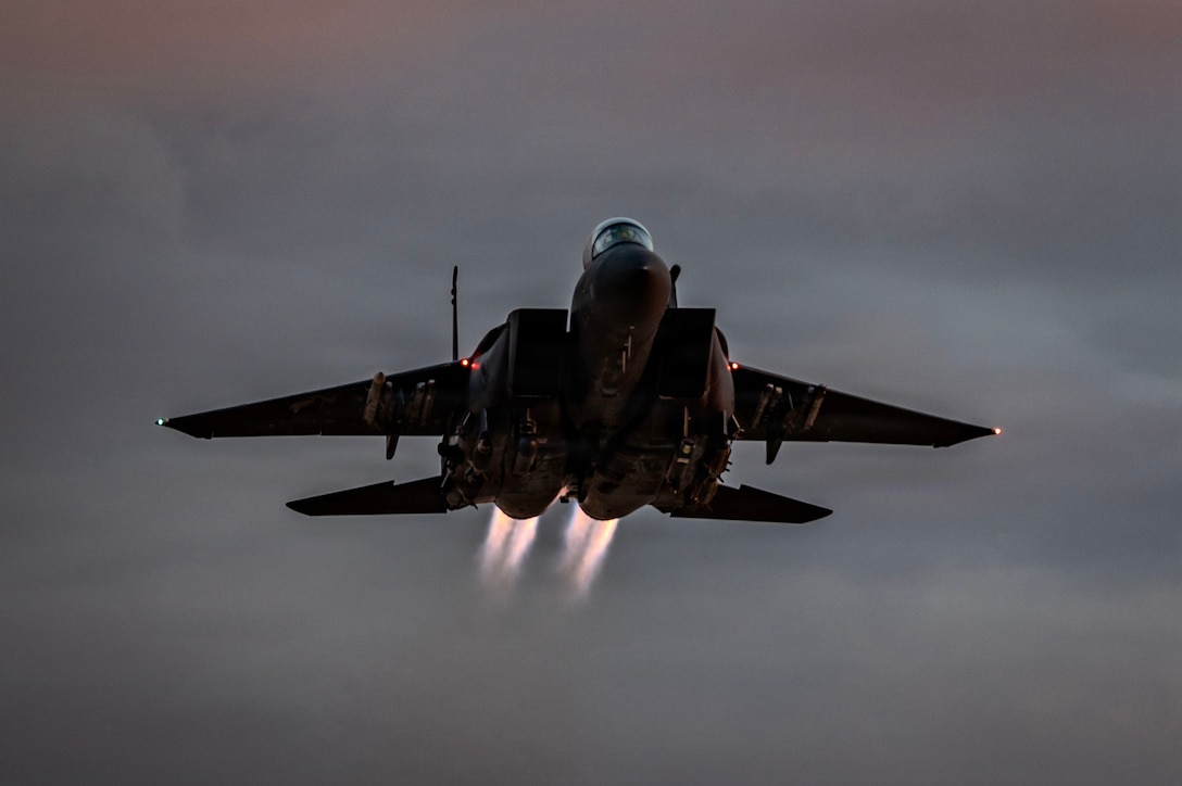 A U.S. Air Force F-15E Strike Eagle aircraft takes off from a base in the Middle East, Jan. 18, 2026. The F-15E Strike Eagle is a dual-role fighter designed to perform air-to-air and air-to-ground missions at low altitude, day or night and in all weather. (U.S. Air Force photo by Senior Airman Jared Brewer)