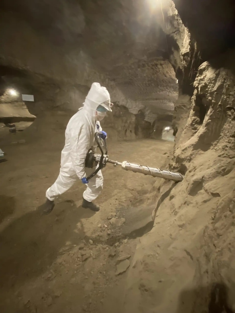 Dr. Robyn Barbato, a senior research microbiologist and leader of CRREL’s soil microbiology team, coring permafrost samples in the USACE Permafrost Tunnel in Fox, Alaska.