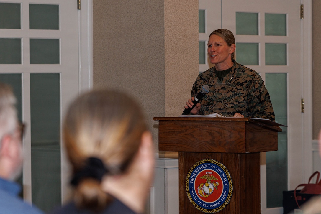 U.S. Marine Corps Col. Jenny Colegate, commanding officer of Marine Corps Base Quantico, addresses attendees during the Civilian Quarterly Awards Ceremony at The Clubs at Quantico on MCB Quantico, Virginia, Jan. 22, 2026. This ceremony recognizes the base’s civilian employees for their commendatory work during the previous year and quarter. (U.S. Marine Corps photo by Lance Cpl. David Brandes)