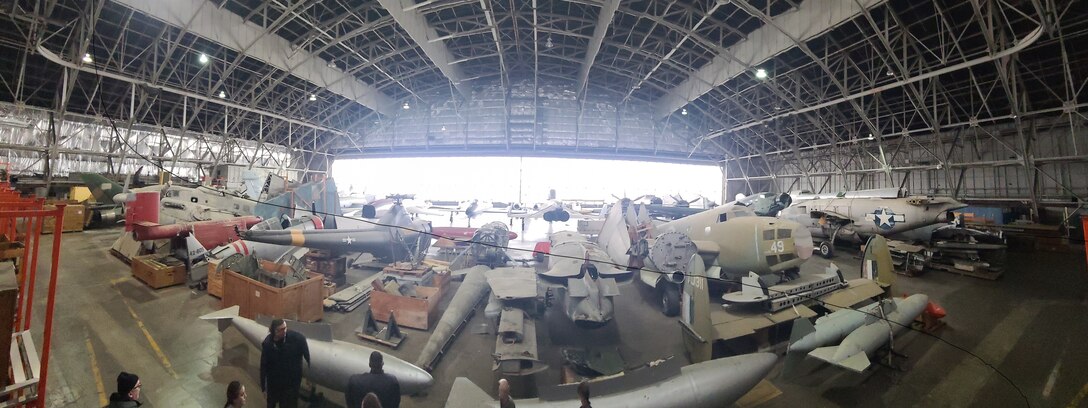 The expansive interior of a storage hangar utilized by the National Museum of the U.S. Air Force as seen during a behind-the-scenes tour Jan. 21, 2026, at Wright-Patterson Air Force Base, Ohio.