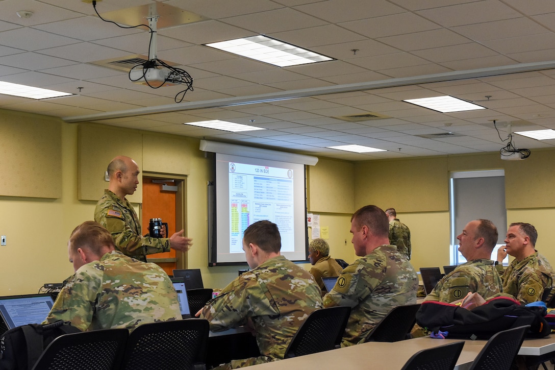 Col. Christopher Tung, G3, 85th U.S. Army Reserve Support Command, speaks to members of the 2-345th Training Support Battalion, the 3-360th TSBN, and the 2-382nd Logistics Support Battalion during a Mobilization Assessment Workshop held at Fort Hood, Texas, February 2-6, 2026.