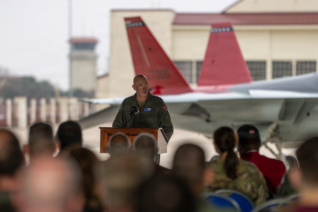AETC commander delivers remarks in front of an attentive ceremony crowd