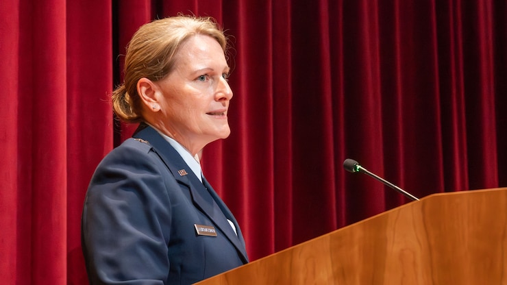 U.S. Air Force Brig. Gen. Jocelyn Schermerhorn, Commander, Air War College, addresses those gathered for the AWC Assumption of Command at Maxwell Air Force Base, Alabama, Sept. 2, 2025. The Air War College consists of the Air Force’s premier officer professional military education institutions, including the Air War College, Air Command and Staff College, the School for Advanced Air and Space Studies, and the International Officer School. (U.S. Air Force photo by Trey Ward)