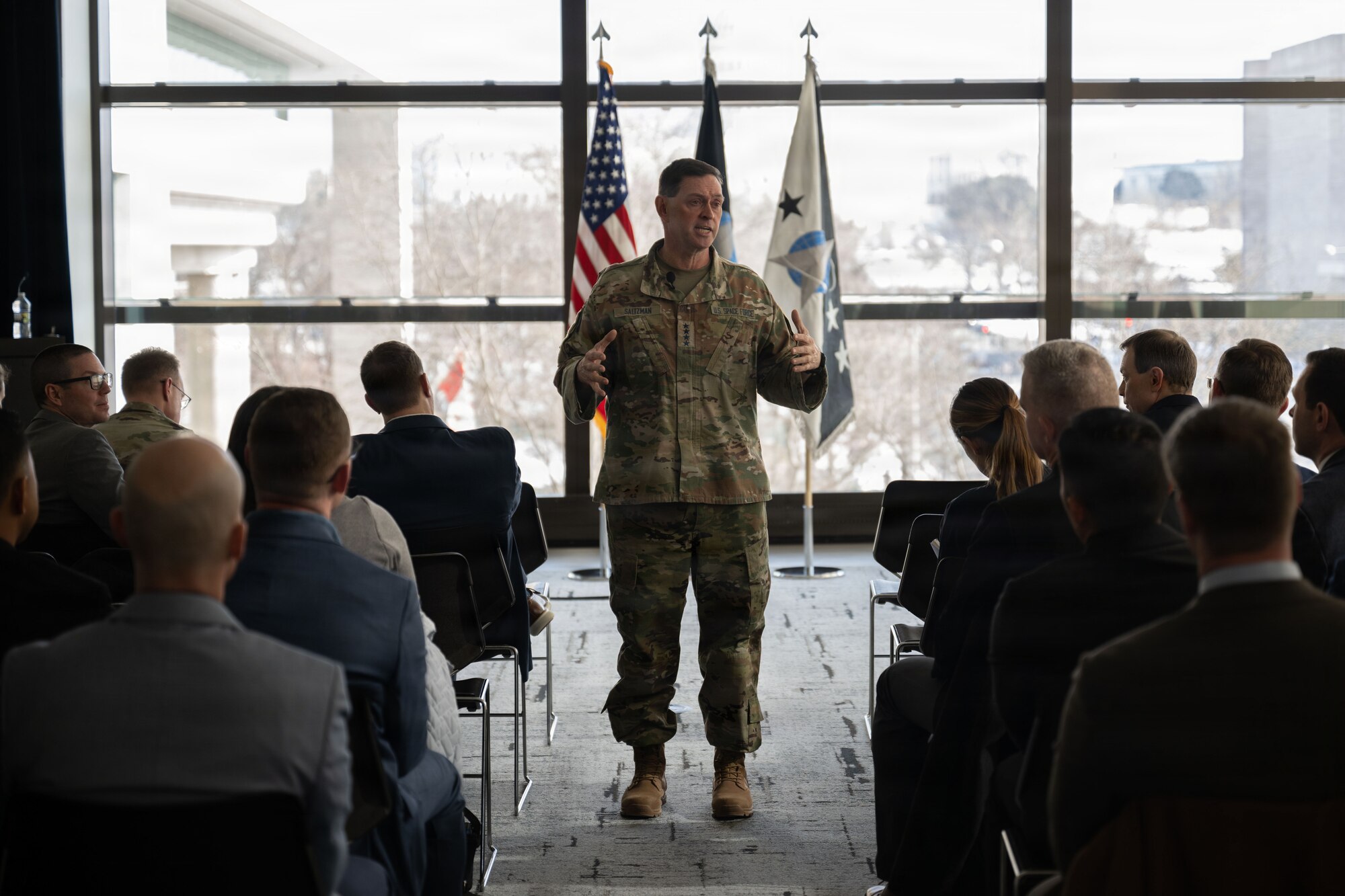 U.S. Space Force Chief of Space Operations Gen. Chance Saltzman speaks to students at Johns Hopkins University in Washington, D.C., Feb. 4, 2026. The event was the first of a series of lectures to provide students with insight and views of former and current Space Force service chiefs who were responsible for the advances of our nations Space Force. (U.S. Air Force photo by Airman 1st Class Mauricio Hidalgo)
