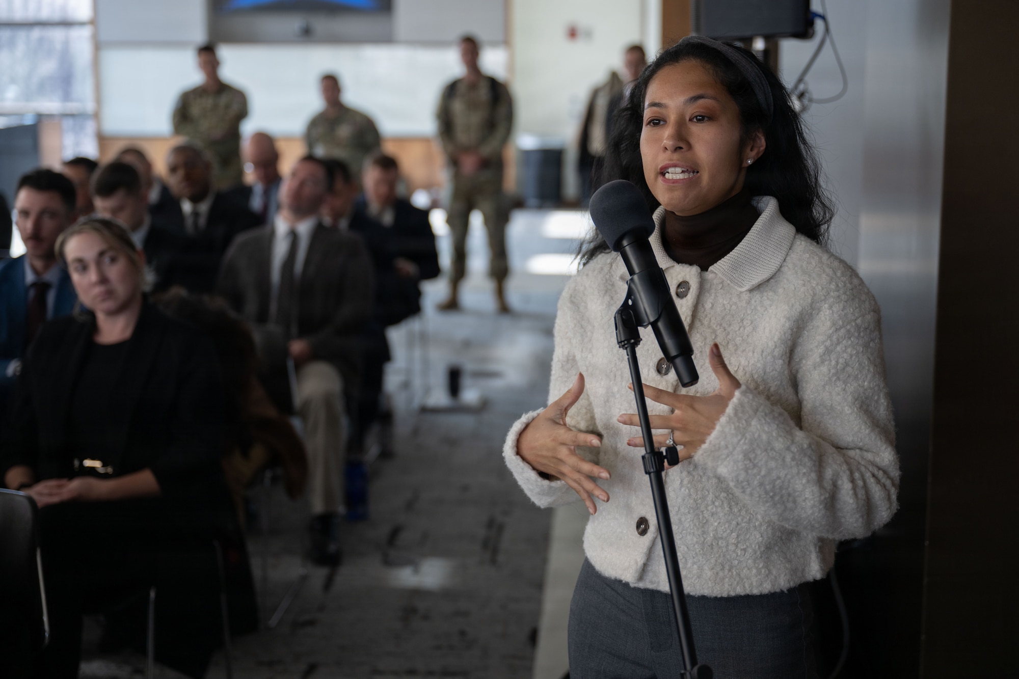 U.S. Space Force Lt. Col. Natasha Peeples, a student, asks a question following a lecture by U.S. Space Force Chief of Space Operations Gen. Chance Saltzman at Johns Hopkins University in Washington, D.C., Feb. 4, 2026. The Commandant’s Lecture Series provided an opportunity for students to gain insight from top Space Force leadership. (U.S. Air Force photo by Airman 1st Class Mauricio Hidalgo)