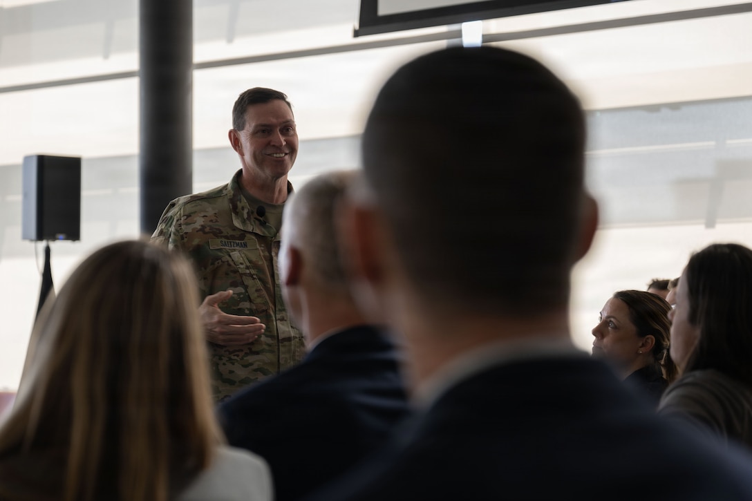 U.S. Space Force Chief of Space Operations Gen. Chance Saltzman answers a question from a student at Johns Hopkins University in Washington, D.C., Feb. 4, 2026. Saltzman was the first speaker of a lecture series hosted by the Space Delta 13 Detachment 3 commandant, which allowed students to ask questions. (U.S. Air Force photo by Airman 1st Class Mauricio Hidalgo)