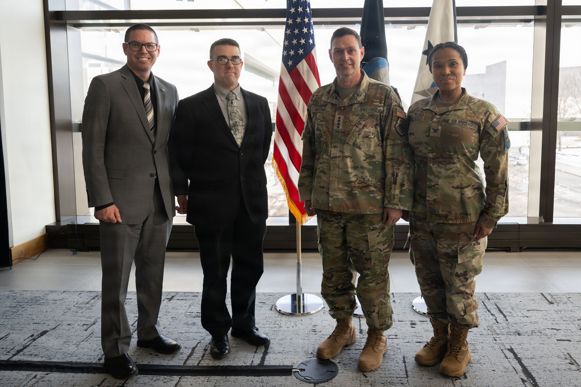 From left, U.S. Space Force Lt. Col. Bradley Thrush, vice commandant of Space Delta 13 Detachment 3, U.S. Space Force Col. Kirk Johnson, commandant of Space Delta 13 Detachment 3, U.S. Space Force Chief of Space Operations Gen. Chance Saltzman  and U.S. Space Force Col. Alison Gonzalez, commander of Space Delta 13, pose for a group photo following a lecture at Johns Hopkins University in Washington, D.C., Feb. 4, 2026. Space Delta 13 Detachment 3 hosted Saltzman as part of the Commandant’s Lecture Series, which provided students an opportunity for mentorship and historical perspectives from top Space Force leadership responsible for the nation’s space assets. (U.S. Air Force photo by Airman 1st Class Mauricio Hidalgo)