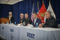 From left to right, Vice Adm. (USN Ret.) Ann Rondeau, Rear Adm. Christopher Alexander, Cmdr. Jens Berdahl, Mr. Rob Lehman and Vice Adm. Mike Vernazza, Commander, Naval Information Forces, address a crowd of industry leaders, servicemembers and media personnel during the Armed Forces Communications & Electronics Association International. The premier naval conference and exposition on the West coast, WEST is now in its 36th year of bringing military and industry leaders together. Co-sponsored by AFCEA International and the U.S. Naval Institute, WEST is the only event in which the makers of platforms and the designers of technologies can network, discuss and demonstrate their solutions in a single locale. (U.S. Navy photo by Mass Communication Specialist 2nd Class Ray McCann/RELEASED)