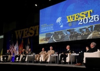 From left to right, Rear Adm. Walter Allman III, Commander, Naval Special Warfare Command, Rear Adm. Douglas Verissimo, Commander, Naval Air Force, U.S. Pacific Fleet, Lt. Gen. Jay Bargeron, USMC Polocies, and operations, Vice Adm. Mike Vernazza, Commander, Naval Information Forces, Vice Adm. Robert Gaucher, Commander, Allied Submarine Command, Vice Adm. Brendan McLane, Commander, Naval Surface Force, and moderator Vice Adm. Peter H. Daly, (USN Ret.) address a crowd of industry leaders, service members and media personnel during a panel "Generating Readiness Across All Domains. The premier naval conference and exposition on the West coast, WEST, is now in its 36th year of bringing military and industry leaders together. Co-sponsored by AFCEA International and the U.S. Naval Institute, WEST is the only event in which the makers of platforms and the designers of technologies can network, discuss, and demonstrate their solutions in a single locale. (U.S. Navy photo by Robert Fluegel / RELEASED)