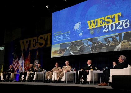 From left to right, Rear Adm. Walter Allman III, Commander, Naval Special Warfare Command, Rear Adm. Douglas Verissimo, Commander, Naval Air Force, U.S. Pacific Fleet, Lt. Gen. Jay Bargeron, USMC Polocies, and operations, Vice Adm. Mike Vernazza, Commander, Naval Information Forces, Vice Adm. Robert Gaucher, Commander, Allied Submarine Command, Vice Adm. Brendan McLane, Commander, Naval Surface Force, and moderator Vice Adm. Peter H. Daly, (USN Ret.) address a crowd of industry leaders, service members and media personnel during a panel "Generating Readiness Across All Domains. The premier naval conference and exposition on the West coast, WEST, is now in its 36th year of bringing military and industry leaders together. Co-sponsored by AFCEA International and the U.S. Naval Institute, WEST is the only event in which the makers of platforms and the designers of technologies can network, discuss, and demonstrate their solutions in a single locale. (U.S. Navy photo by Robert Fluegel / RELEASED)