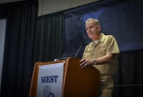 Vice Adm. Mike Vernazza, Commander, Naval Information Forces, addresses a crowd industry leaders, service members and media personnel during the Armed Forces Communications & Electronics Association International. The premier naval conference and exposition on the West coast, WEST is now in its 36th year of bringing military and industry leaders together. Co-sponsored by AFCEA International and the U.S. Naval Institute, WEST is the only event in which the makers of platforms and the designers of technologies can network, discuss and demonstrate their solutions in a single locale. (U.S. Navy photo by Mass Communication Specialist 2nd Class Ray McCann/RELEASED)