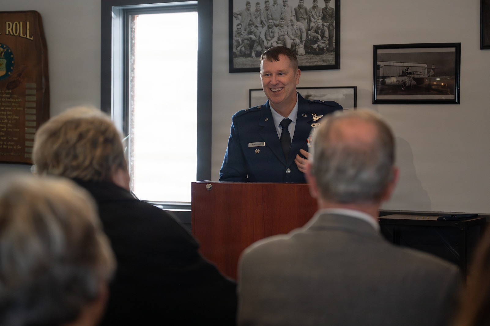 U.S. Air Force Brig. Gen. Daniel Finnegan speaks to Airmen, family, and friends that have gathered for his promotion ceremony at the Vermont Air National Guard Base in South Burlington, Vermont.
