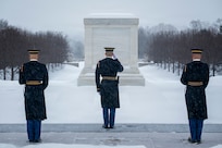 Three U.S. Army Soldiers wearing ceremonial uniforms are standing in a triangle formation facing away from the camera as the middle soldier salutes in the direction of the white marble-clad Tomb of the Unknown Soldier with snow on the ground in the background.