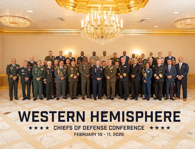 Chiefs of Defense and senior military representatives from 34 nations pose for a group photo during the first Western Hemisphere Chiefs of Defense Conference in Washington, D.C., February 11, 2026.