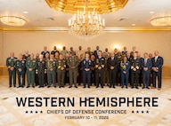 Chiefs of Defense and senior military representatives from 34 nations pose for a group photo during the first Western Hemisphere Chiefs of Defense Conference in Washington, D.C., February 11, 2026.