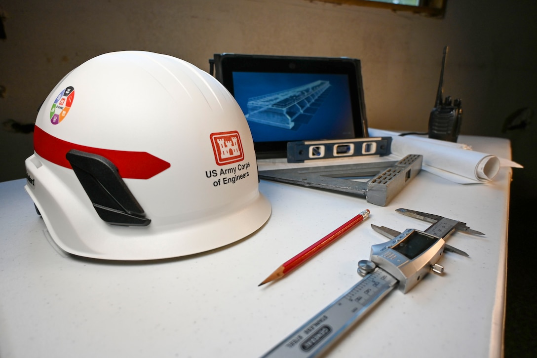 USACE Hard Hat and Engineering Tools on Drafting Table
