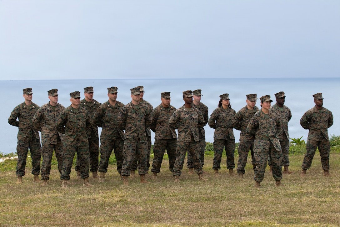 U.S. Marines with 3rd Marine Expeditionary Brigade stand in formation as a part of the unit’s change of command ceremony, Camp Courtney, Okinawa, Japan, Feb. 6, 2026. 3rd MEB hosted the change of command ceremony to formally recognize the total transfer of authority from Brig. Gen. Robert Brodie to Brig. Gen. Ryan Hoyle. The 3rd MEB conducts combined operations, exercises, and training in support of the III Marine Expeditionary Force to strengthen alliances and enhance regional security in the Indo-Pacific. (U.S. Marine Corps photo by Staff Sgt. Shannon Doherty)