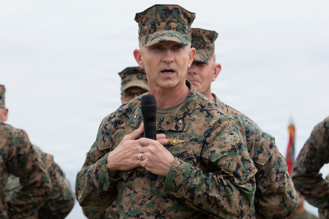 U.S. Marine Corps Brig. Gen. Robert Brodie, the offgoing commanding general of 3rd Marine Expeditionary Brigade, speaks during the unit’s change of command ceremony, Camp Courtney, Okinawa, Japan, Feb. 6, 2026. 3rd MEB hosted the change of command ceremony to formally recognize the total transfer of authority from Brig. Gen. Robert Brodie to Brig. Gen. Ryan Hoyle. The unit conducts combined operations, exercises, and training in support of the III Marine Expeditionary Force to strengthen alliance relationships and enhance regional security. (U.S. Marine Corps photo by Staff Sgt. Shannon Doherty)
