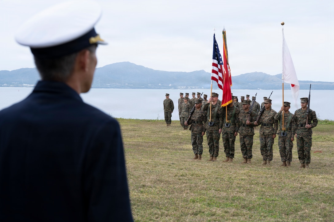 U.S. Marines with the 3rd Marine Expeditionary Brigade present the colors as a part of the unit’s change of command ceremony, Camp Courtney, Okinawa, Japan, Feb. 6, 2026. 3rd MEB hosted the change of command ceremony to formally recognize the total transfer of authority from Brig. Gen. Robert Brodie to Brig. Gen. Ryan Hoyle. The unit conducts combined operations, exercises, and training in support of the III Marine Expeditionary Force to strengthen alliance relationships and enhance regional security (U.S. Marine Corps photo by Staff Sgt. Shannon Doherty)